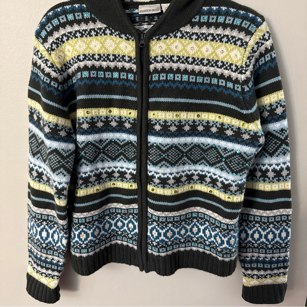 Fashion Bug Multicolor Knit Sweater Size Large Full Zip Hoodie